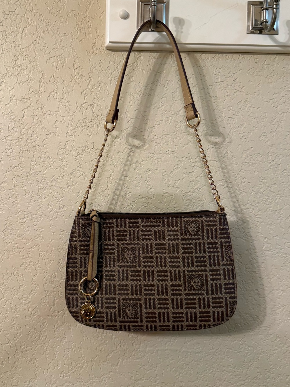 Anne Klein Brown Patterned Shoulder Bag with Gold Accents